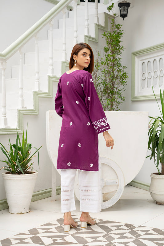 Mulberry Hand Embroidered Kurti with Dupatta by Rameen Roshany