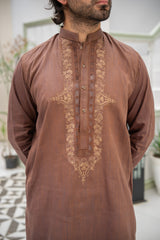 Men's Classic Brown Embroidered Kurta with White Trousers – ( Stitched )