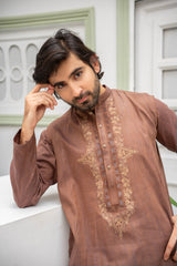 Men's Classic Brown Embroidered Kurta with White Trousers – ( Stitched )