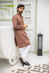 Men's Classic Brown Embroidered Kurta with White Trousers – ( Stitched )