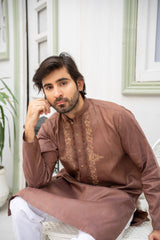 Men's Classic Brown Embroidered Kurta with White Trousers – ( Stitched )