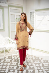 Golden dusk. ( Experience sophistication with our Peanut Gold Hand-Embroidered Shirt ) - Stitched