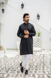Classic Black Kurta with White Pajama - ( Stitched )