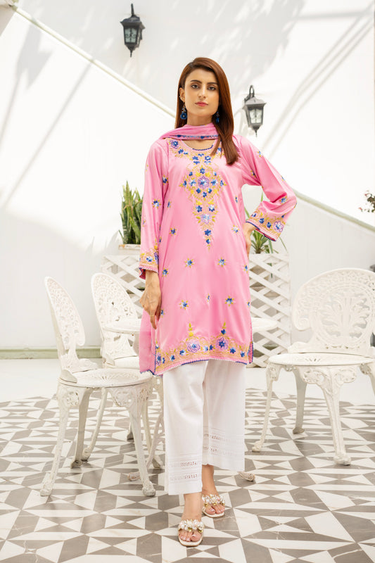 Baby Pink Silk Hand Embroidered Kurti – Stitched
