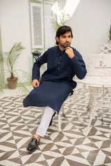Stylish Blue Kurta with White Pajama - ( Stitched )