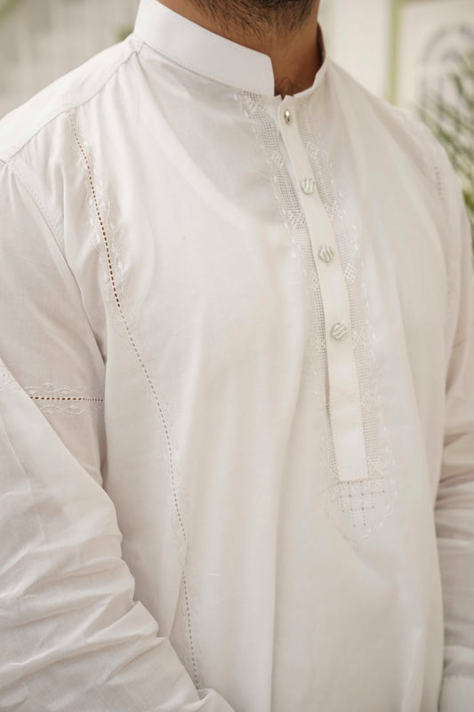 White Tarkashi Kurta Set – Stitched