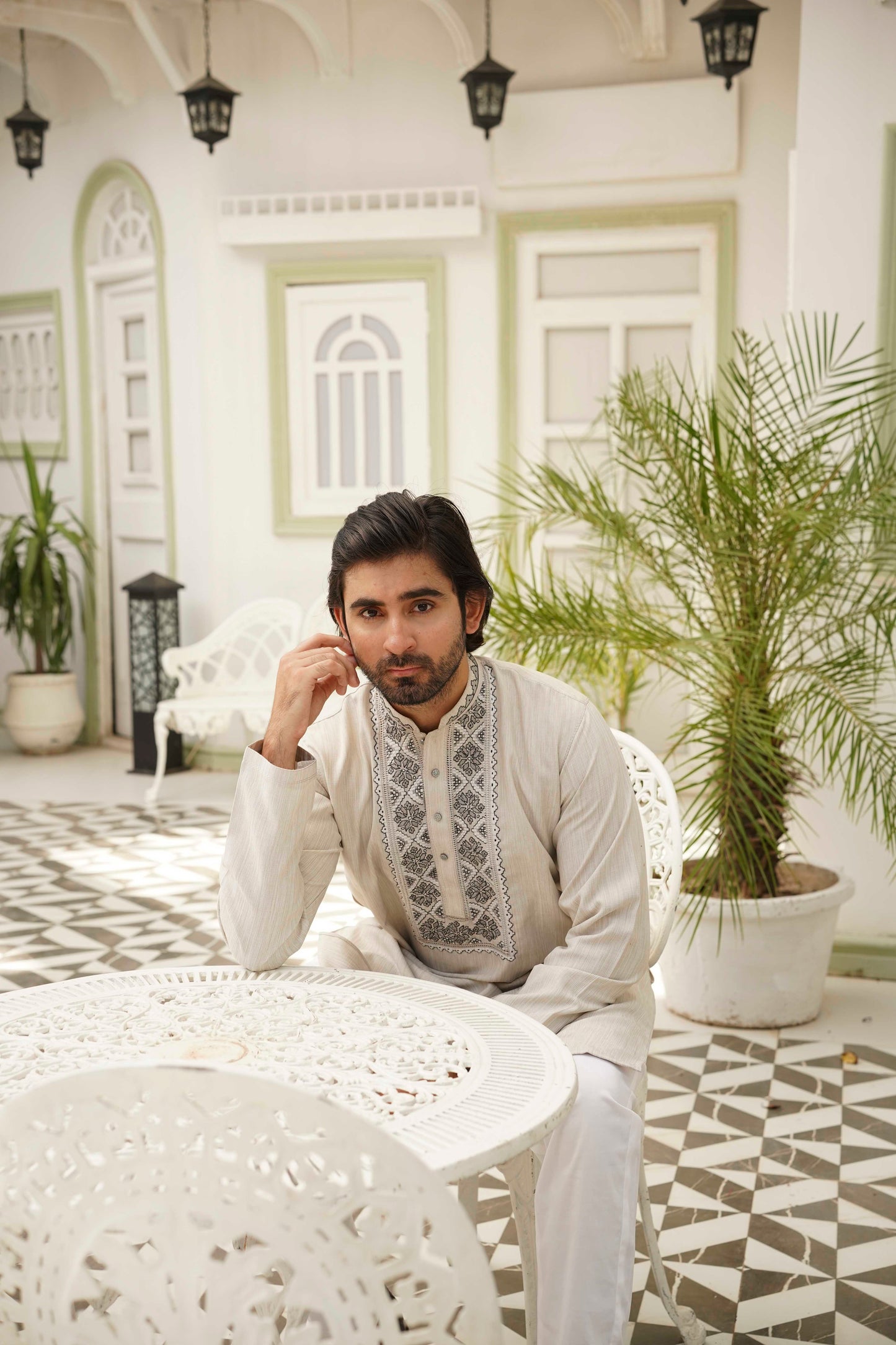 Grey Hand Embroidered Kurta Set – Stitched