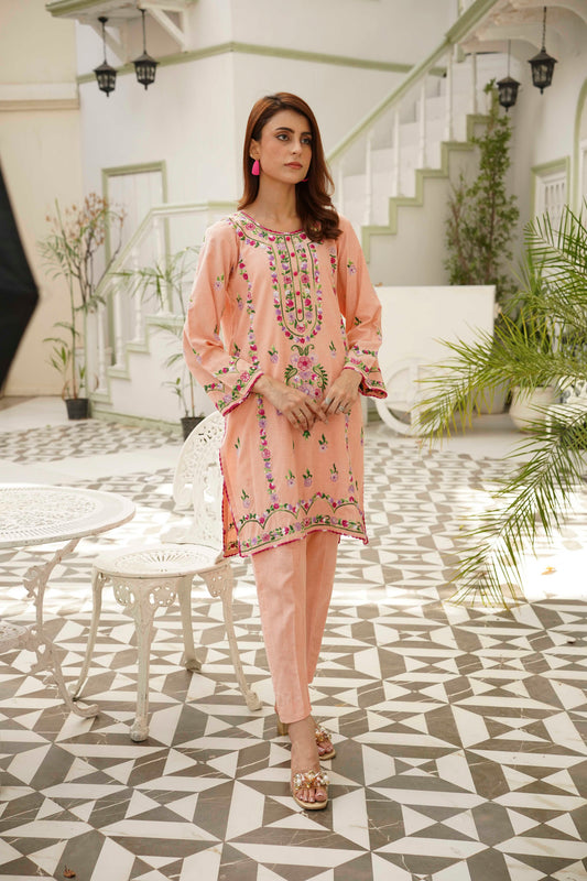 Peach Hand Embroidered Kurti by Rameen Roshany