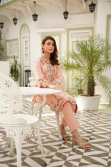 Sun-Kissed Peach. (Step into elegance with our exquisite Hand-Embroidered Peach Kurta) - ( Stitched )