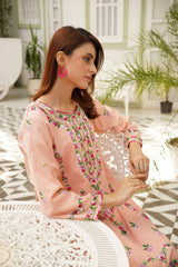 Sun-Kissed Peach. (Step into elegance with our exquisite Hand-Embroidered Peach Kurta) - ( Stitched )