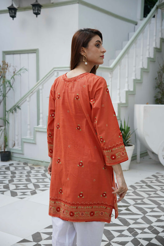 Burnt Orange Mirror Work Kurti – Stitched