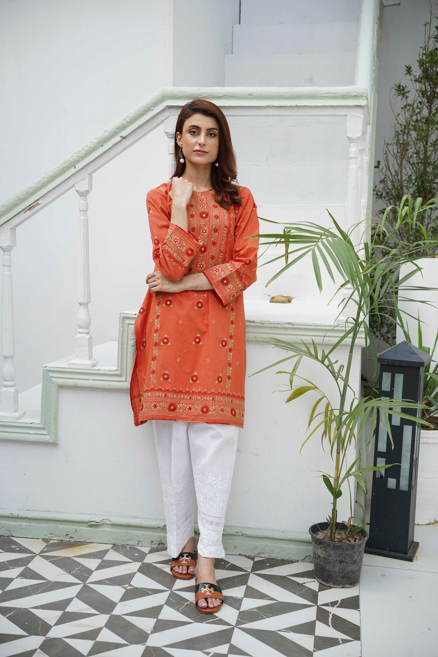 Burnt Orange Mirror Work Kurti – Stitched