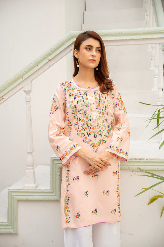 Light Peach Hand Embroidered Kurti by Rameen Roshany