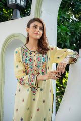 Traditional Lime Yellow Embroidered Kurti - ( Sttiched )