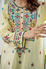 Traditional Lime Yellow Embroidered Kurti - ( Sttiched )