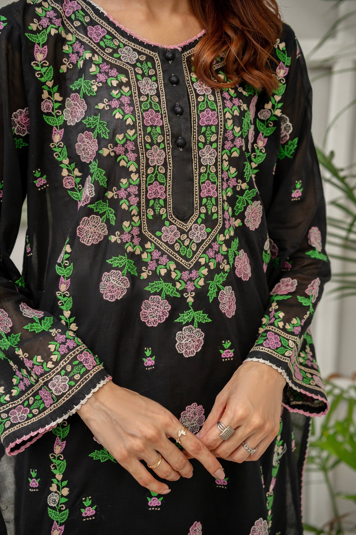 Black Floral Hand Embroidered Kurti - Rameen Roshany