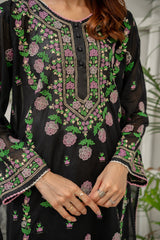 Black Embroidered Kurti with Floral Design – ( Stitched )