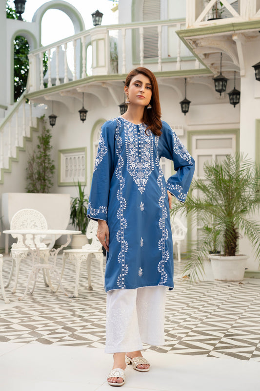 Sea Blue Hand Embroidered Kurti – Stitched