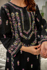 Elegant Black Embroidered Kurti - ( Stitched )