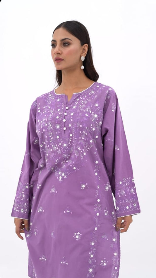 Lilac Mirror Work Embroidered Kurti