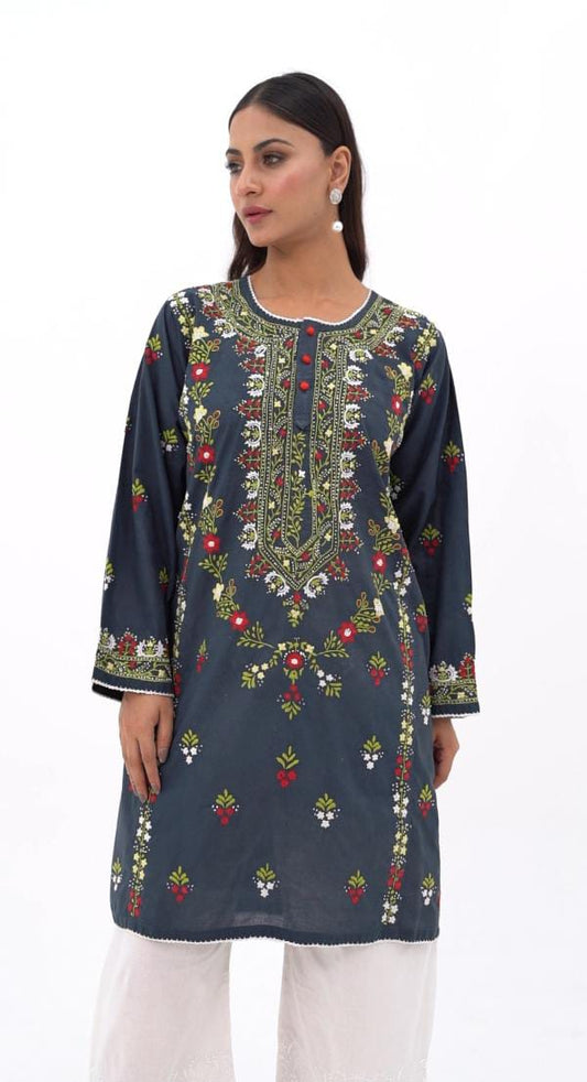 Dark Grey Floral Embroidered Kurti