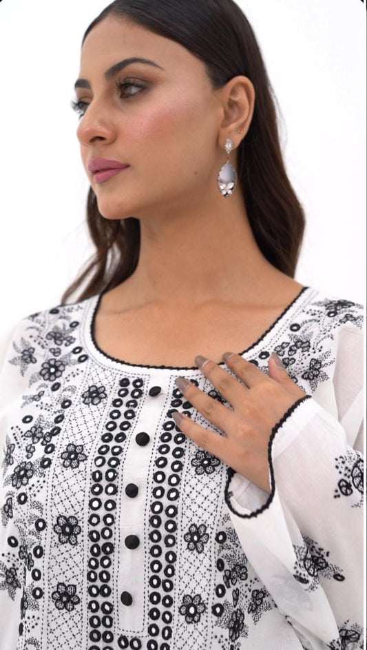 White Mirror Work Embroidered Kurti