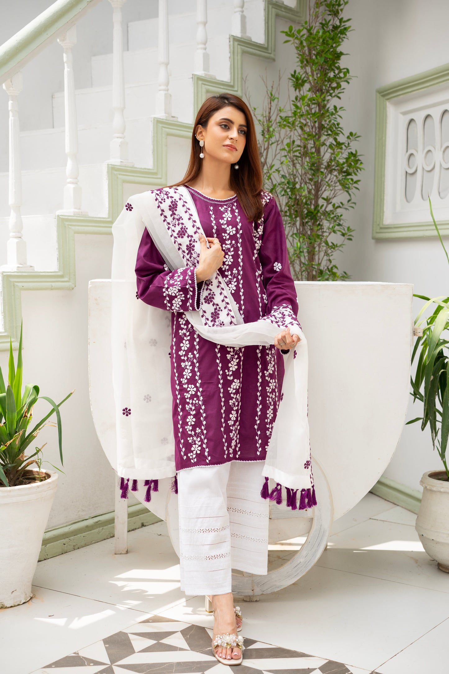 Mulberry Hand Embroidered Kurti with Dupatta – Stitched