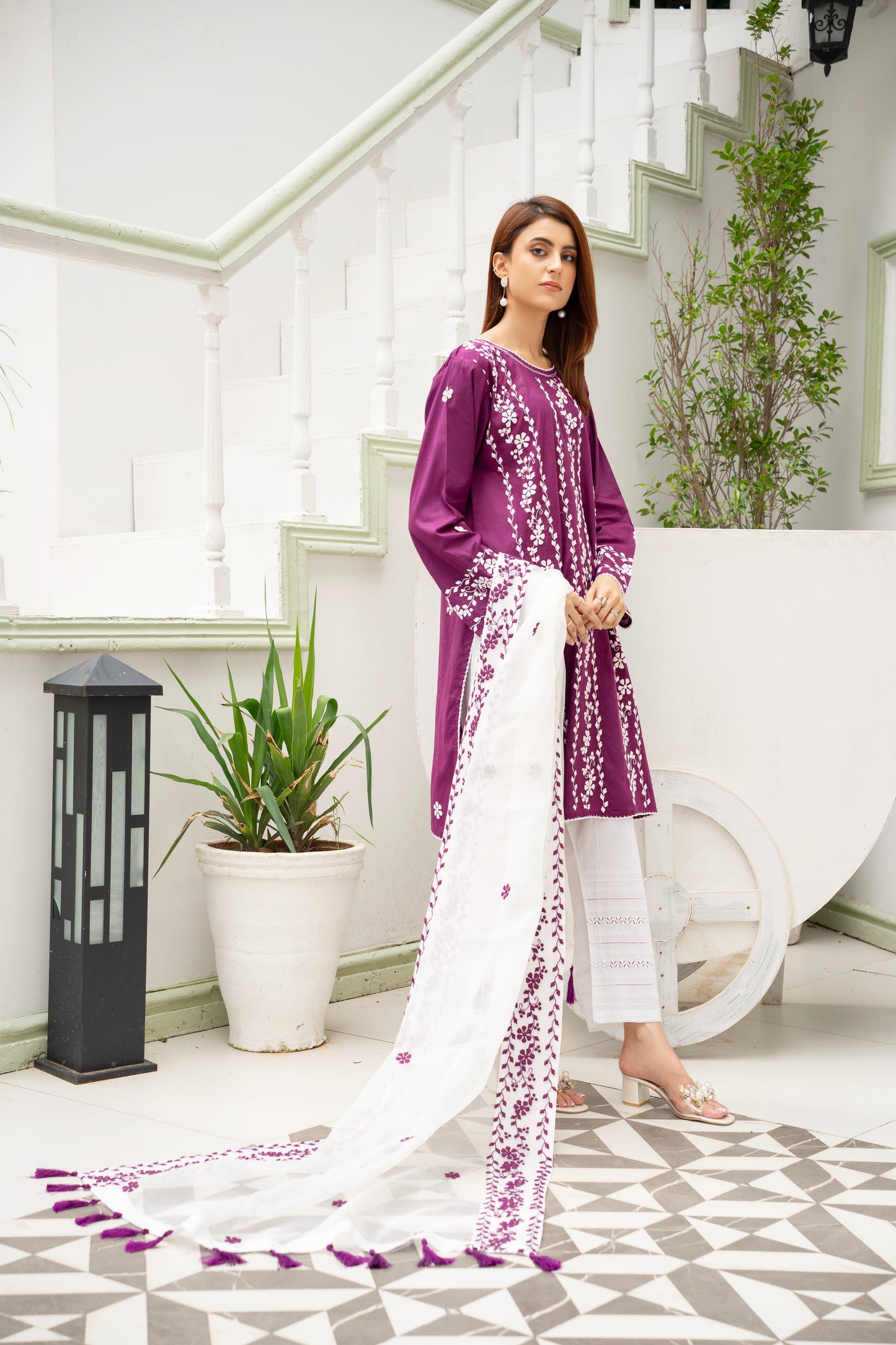 Mulberry Hand Embroidered Kurti with Dupatta – Stitched