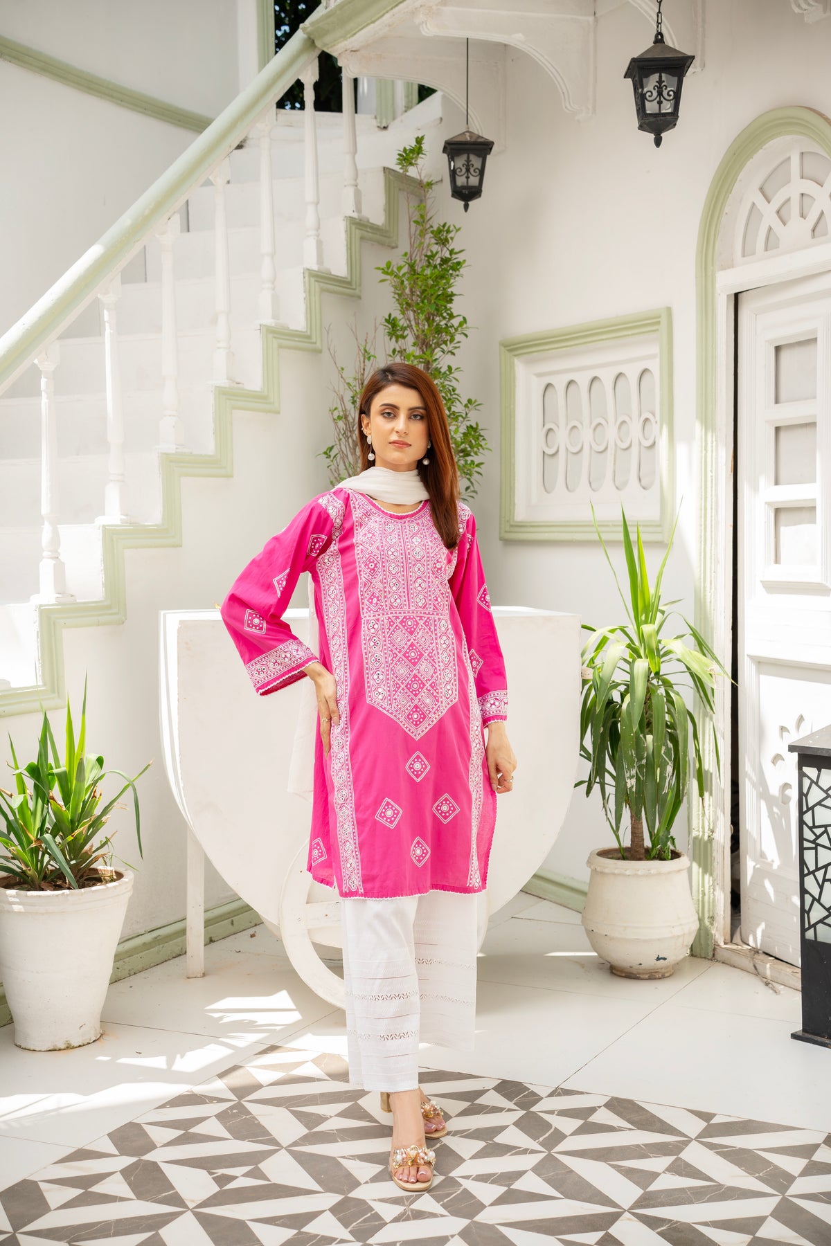 Hot Pink Embroidered Kurti - ( Stitched )
