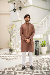 Men's Classic Brown Embroidered Kurta with White Trousers –  ( Stitched )