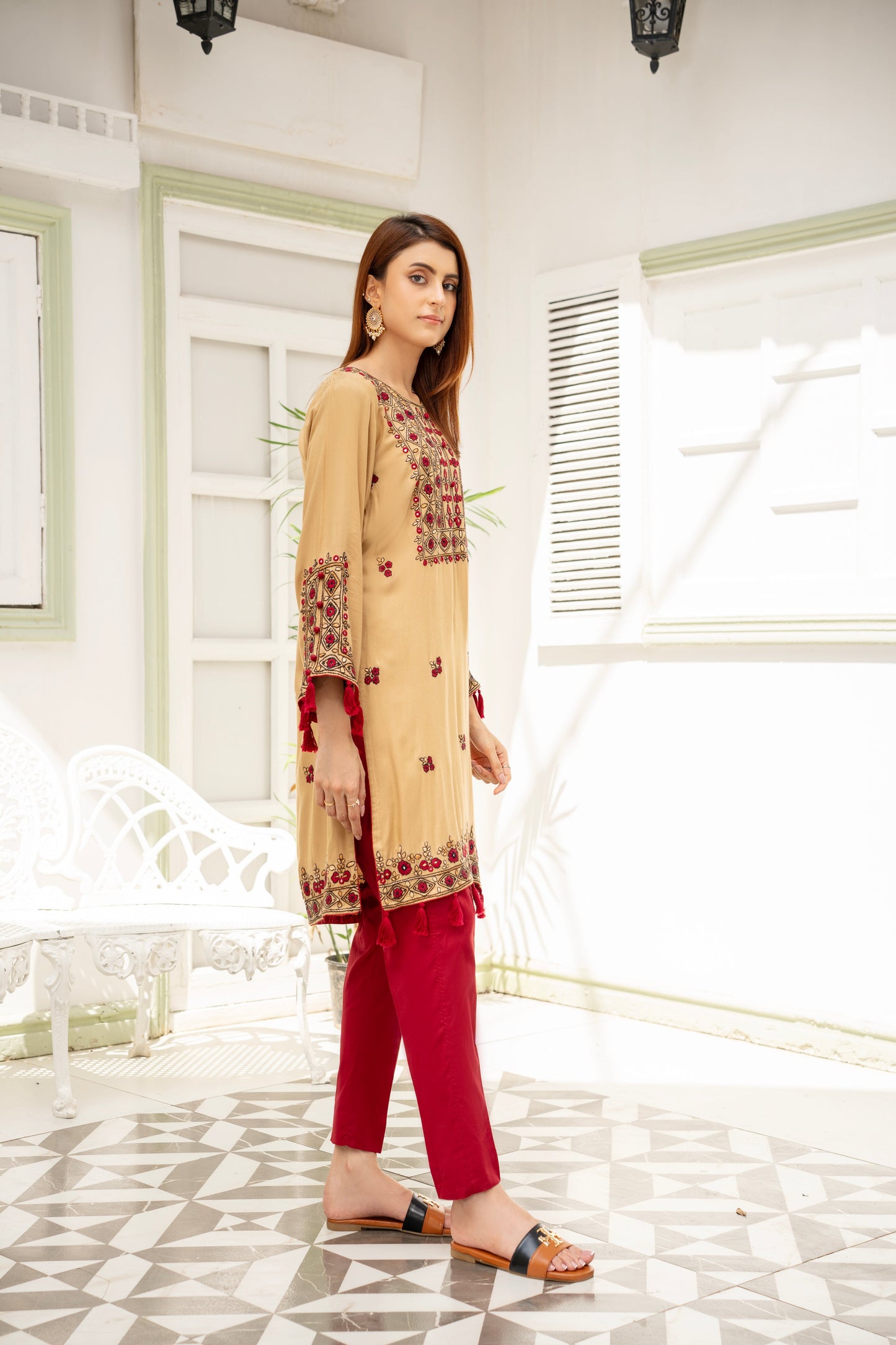 Golden Hand Embroidered Kurti – Stitched