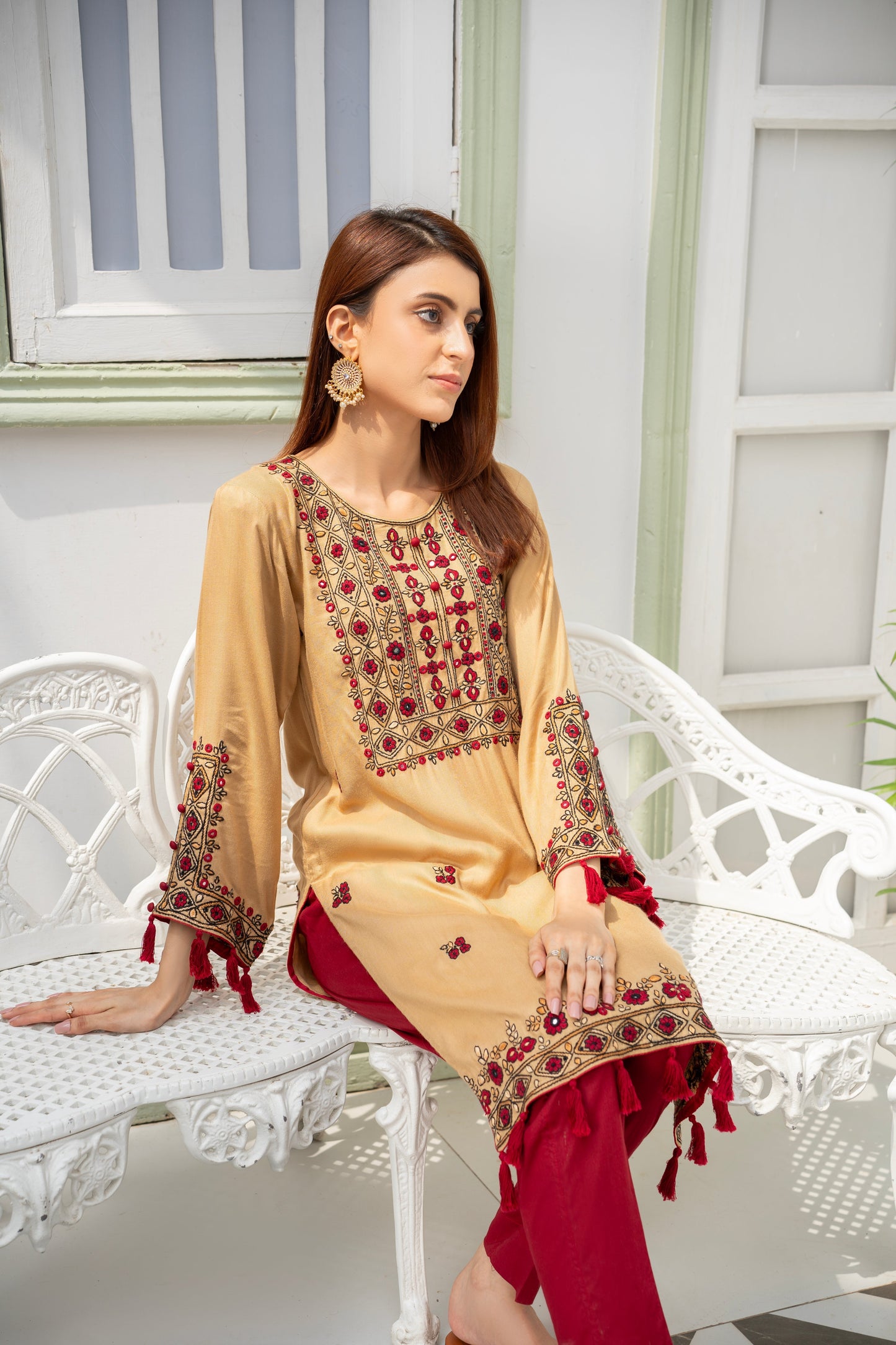 Golden Hand Embroidered Kurti – Stitched