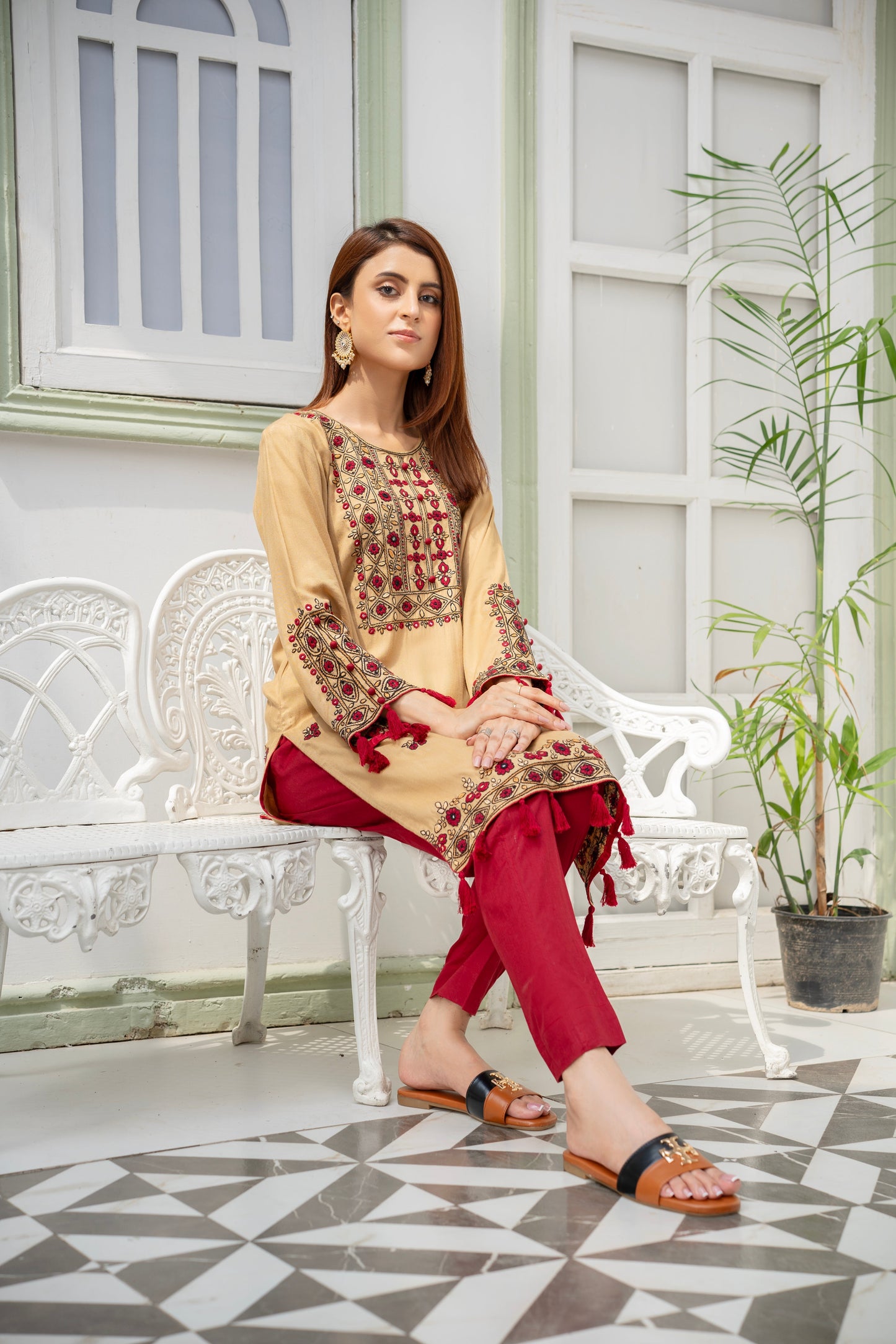 Golden Hand Embroidered Kurti – Stitched