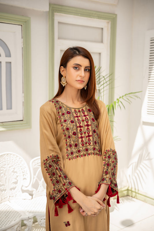 Golden Hand Embroidered Kurti – Stitched