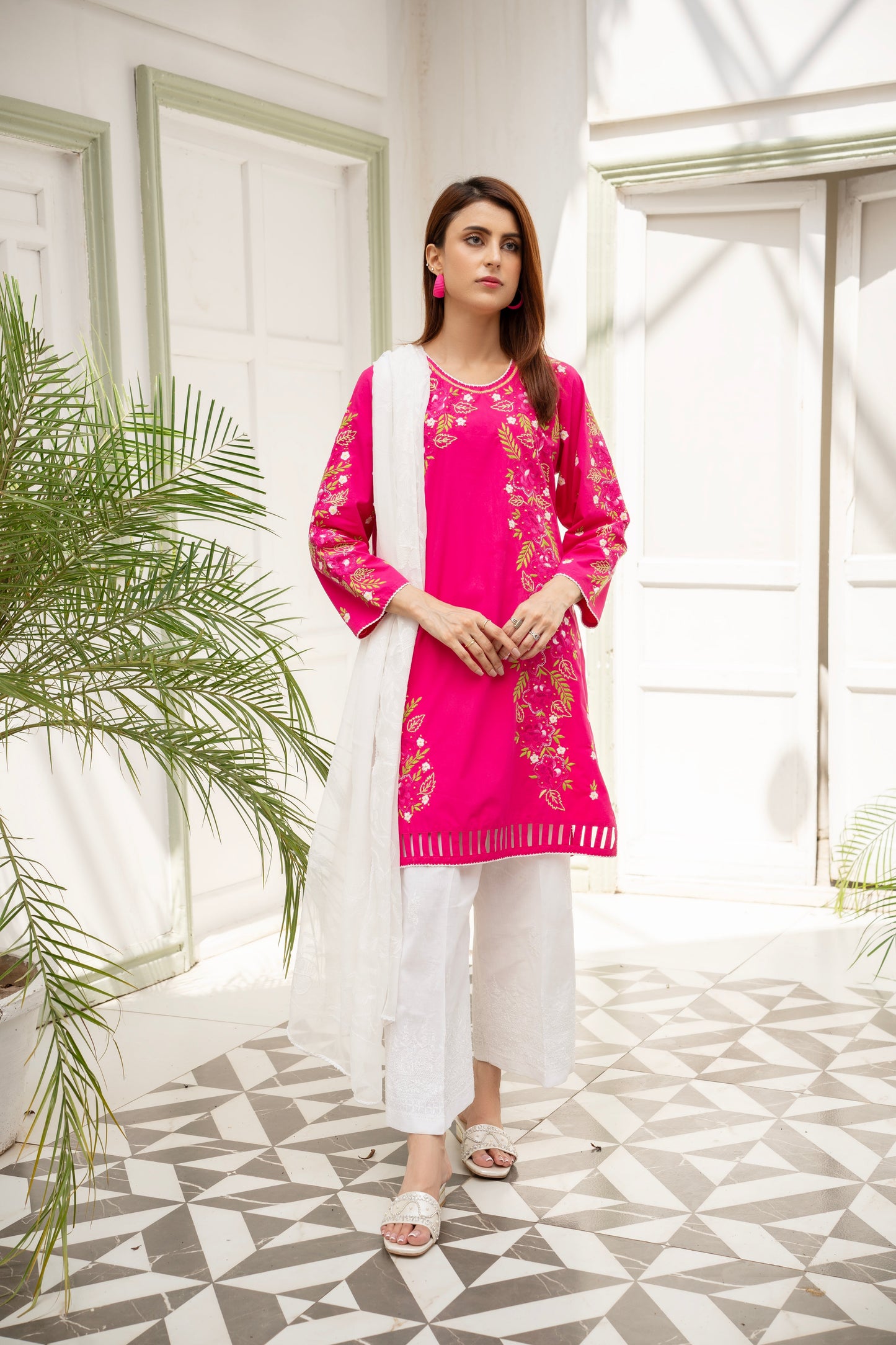 Hot Pink Hand Embroidered Kurti – Stitched