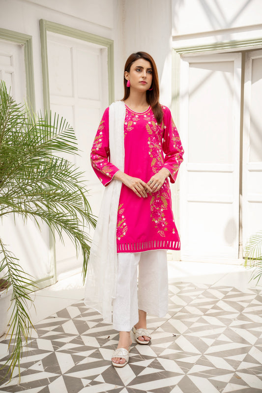 Hot Pink Hand Embroidered Kurti – Stitched