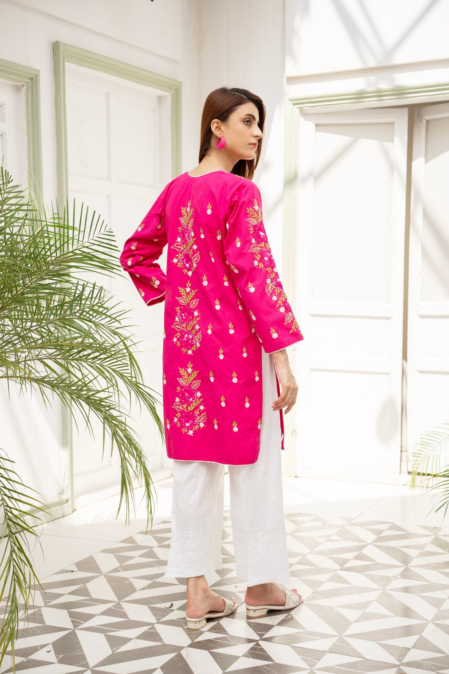 Hot Pink Hand Embroidered Kurti – Stitched