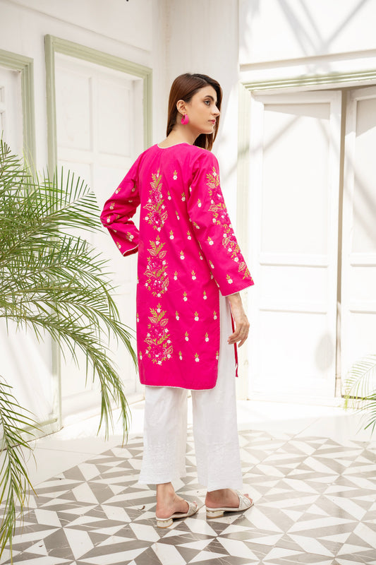 Hot Pink Hand Embroidered Kurti – Stitched