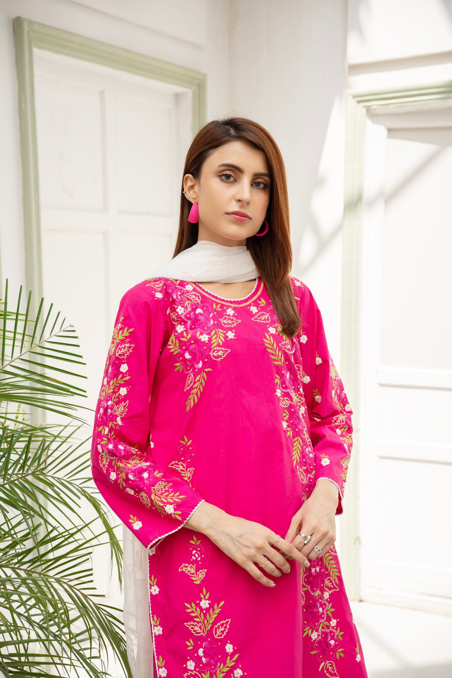 Hot Pink Hand Embroidered Kurti – Stitched