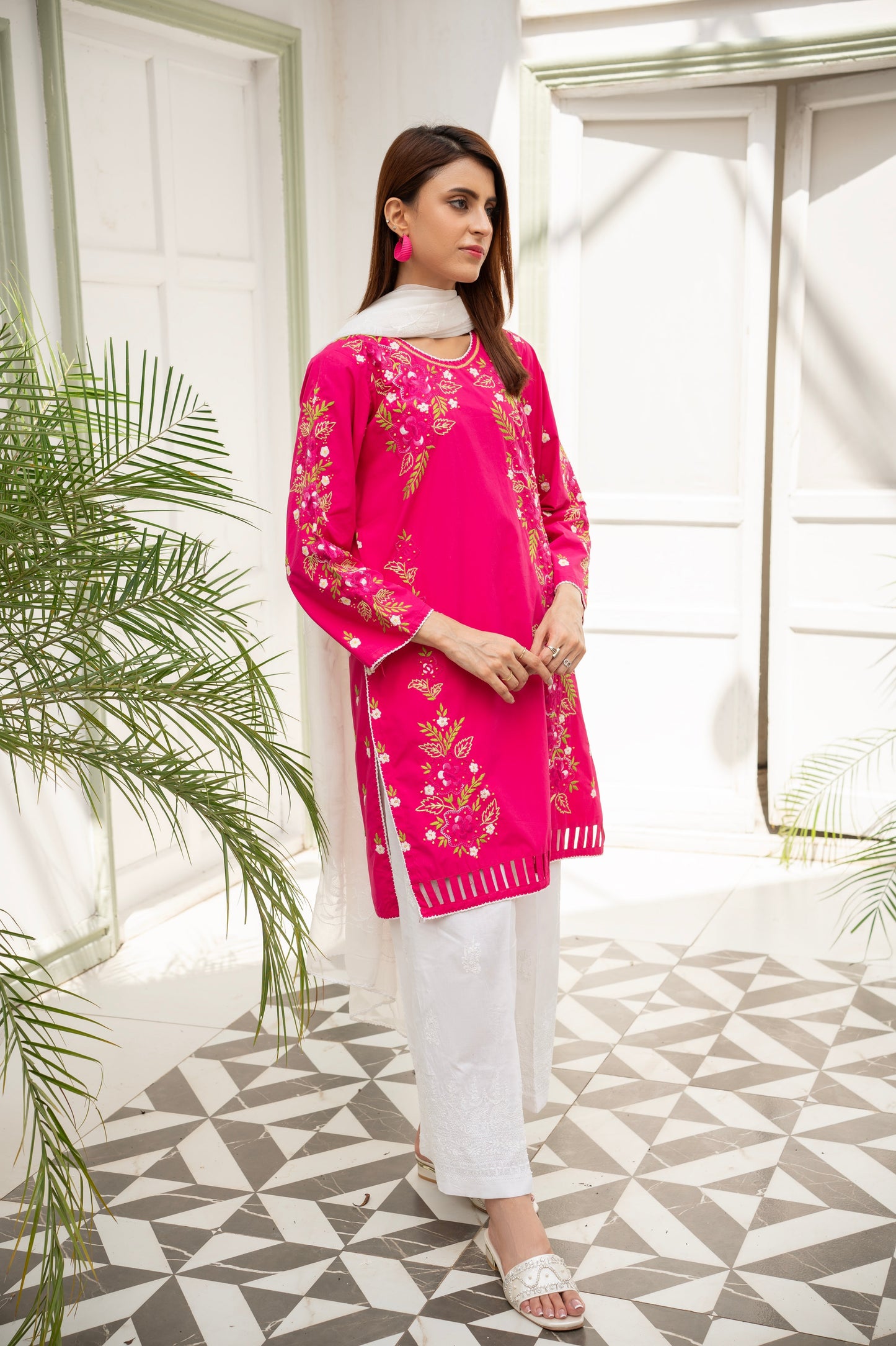 Hot Pink Hand Embroidered Kurti – Stitched