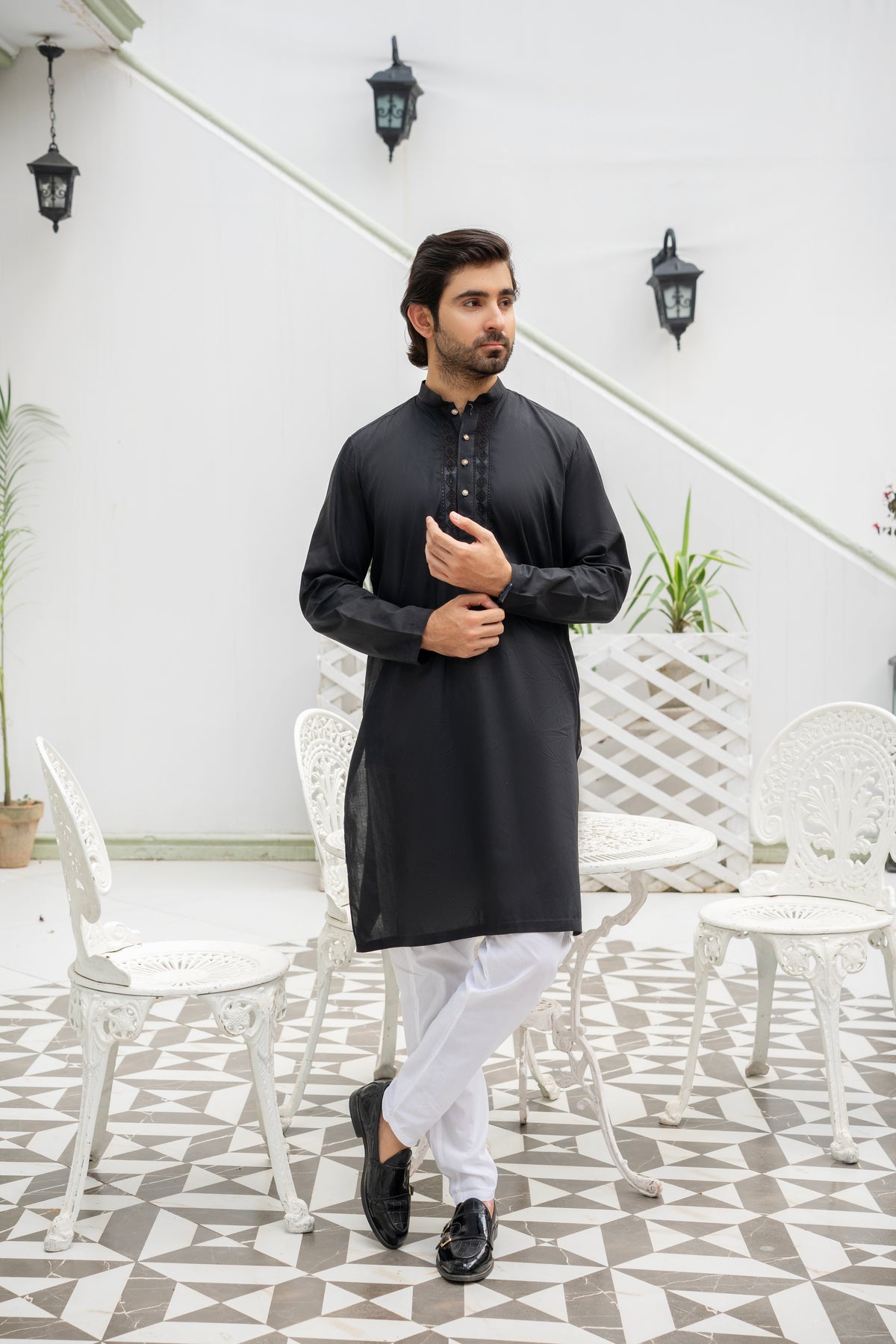 Classic Black  Kurta with White Pajama - ( Stitched )