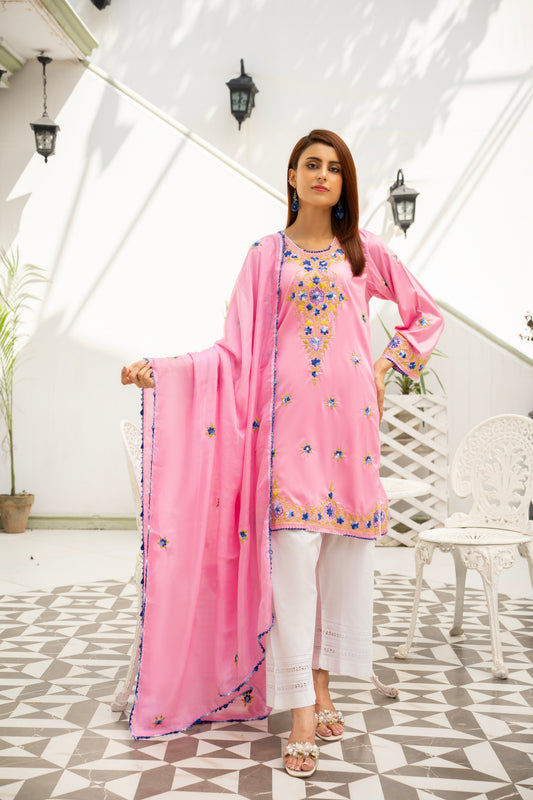 Baby Pink Silk Hand Embroidered Kurti – Stitched