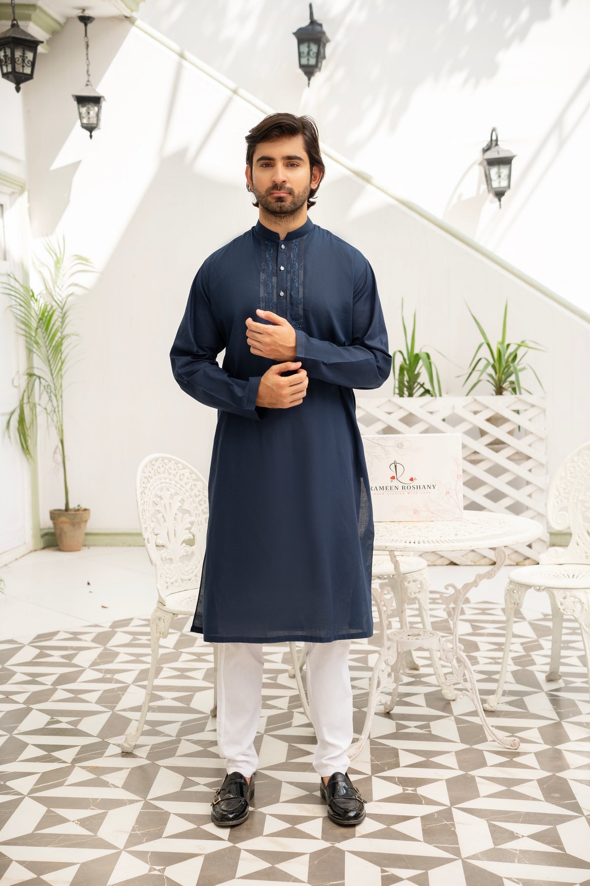 Stylish Blue Kurta with White Pajama - ( Stitched )