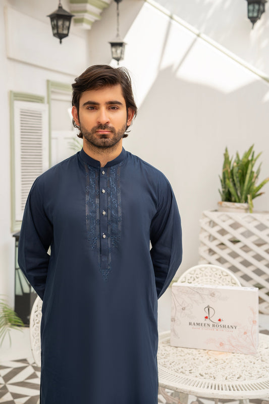 Blue Tarkashi Kurta Set – Stitched