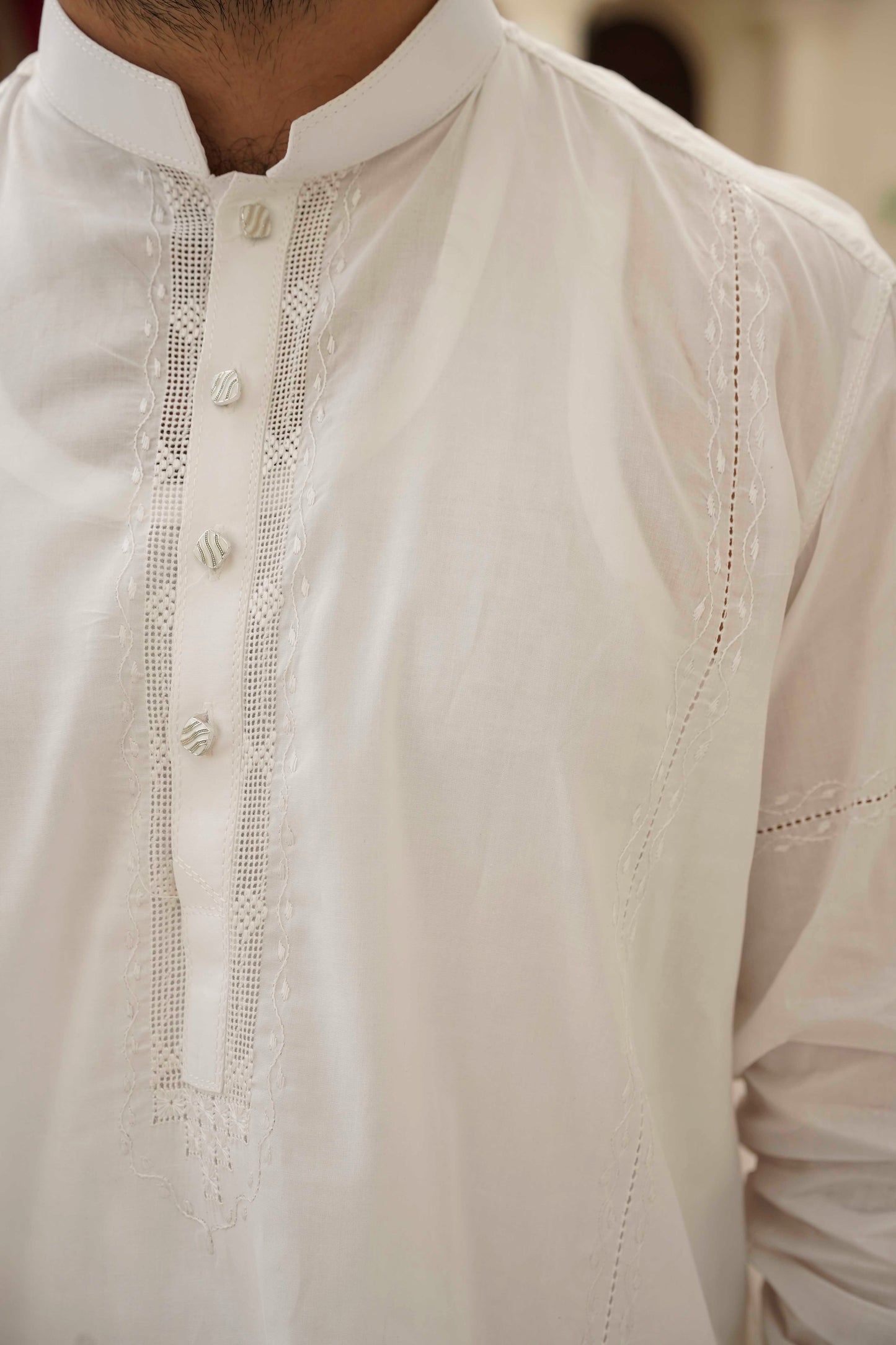 White Tarkashi Kurta Set – Stitched