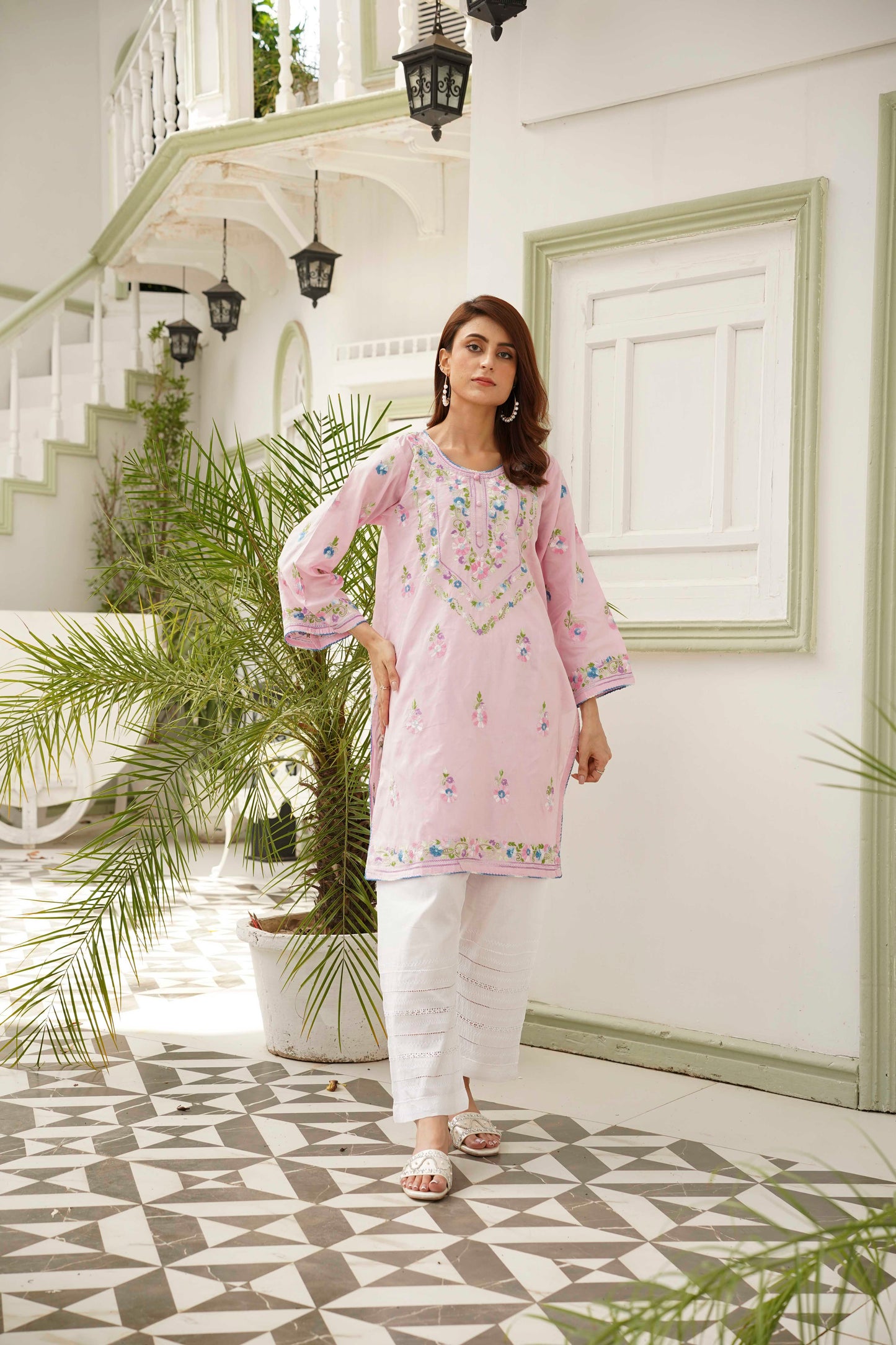 Baby Pink Hand Embroidered Kurti – Stitched