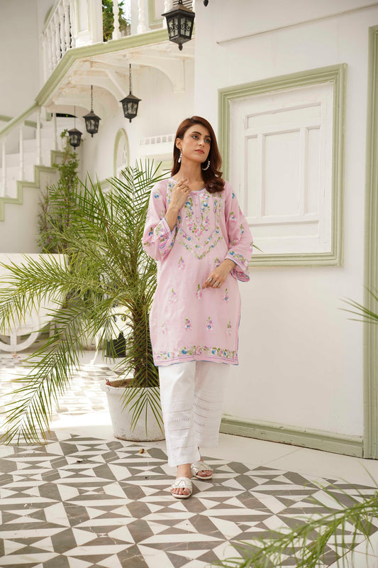 Baby Pink Hand Embroidered Kurti – Stitched