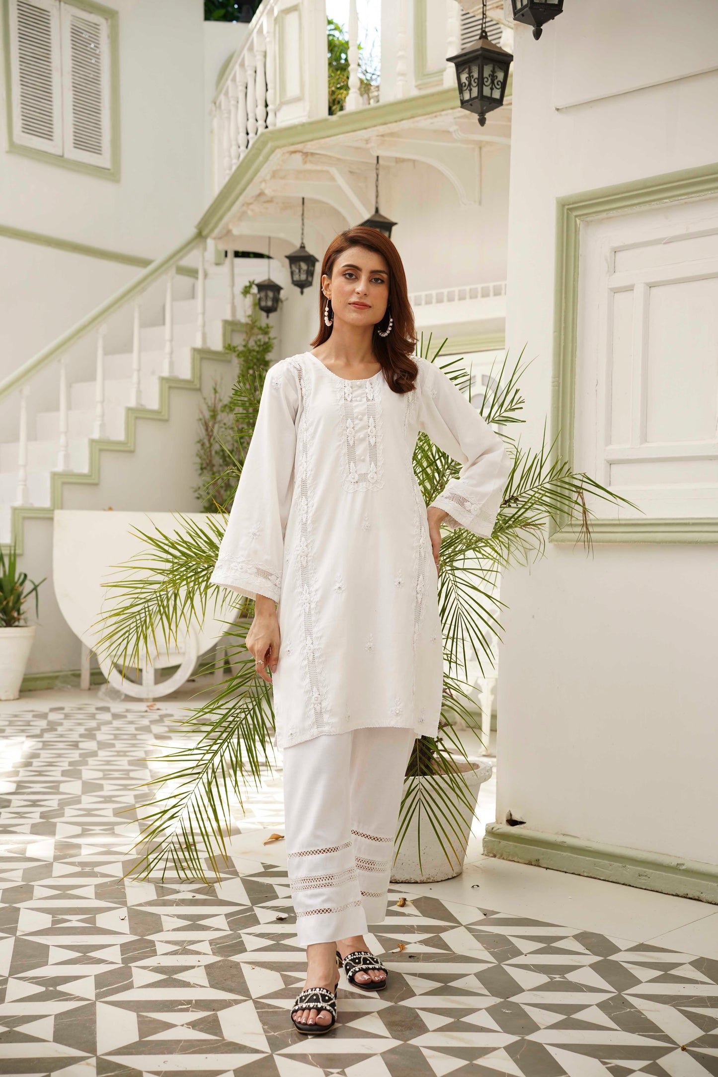 White Tarkashi Embroidered Trouser by Rameen Roshany