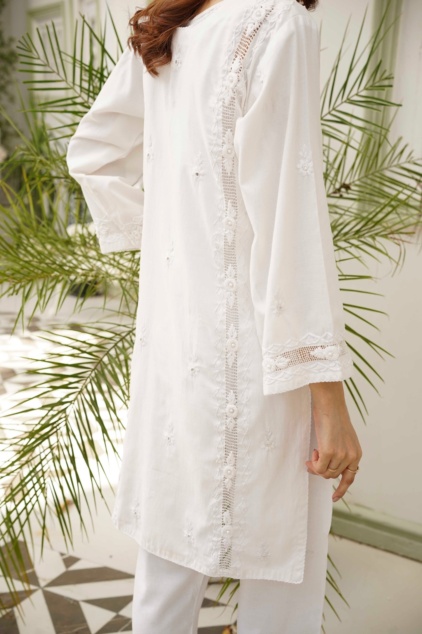 White Tarkashi Embroidered Trouser by Rameen Roshany