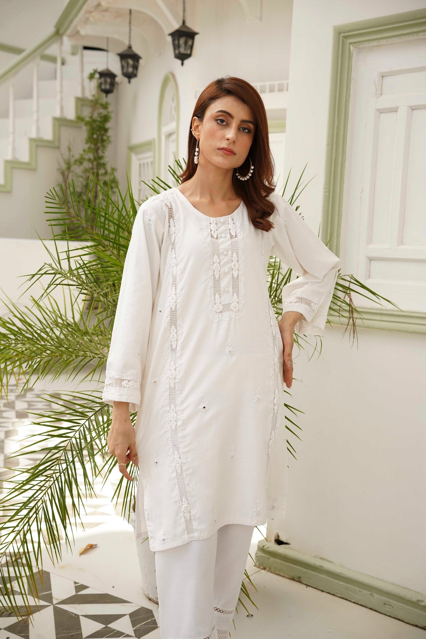 White Tarkashi Winter Kurti – Stitched